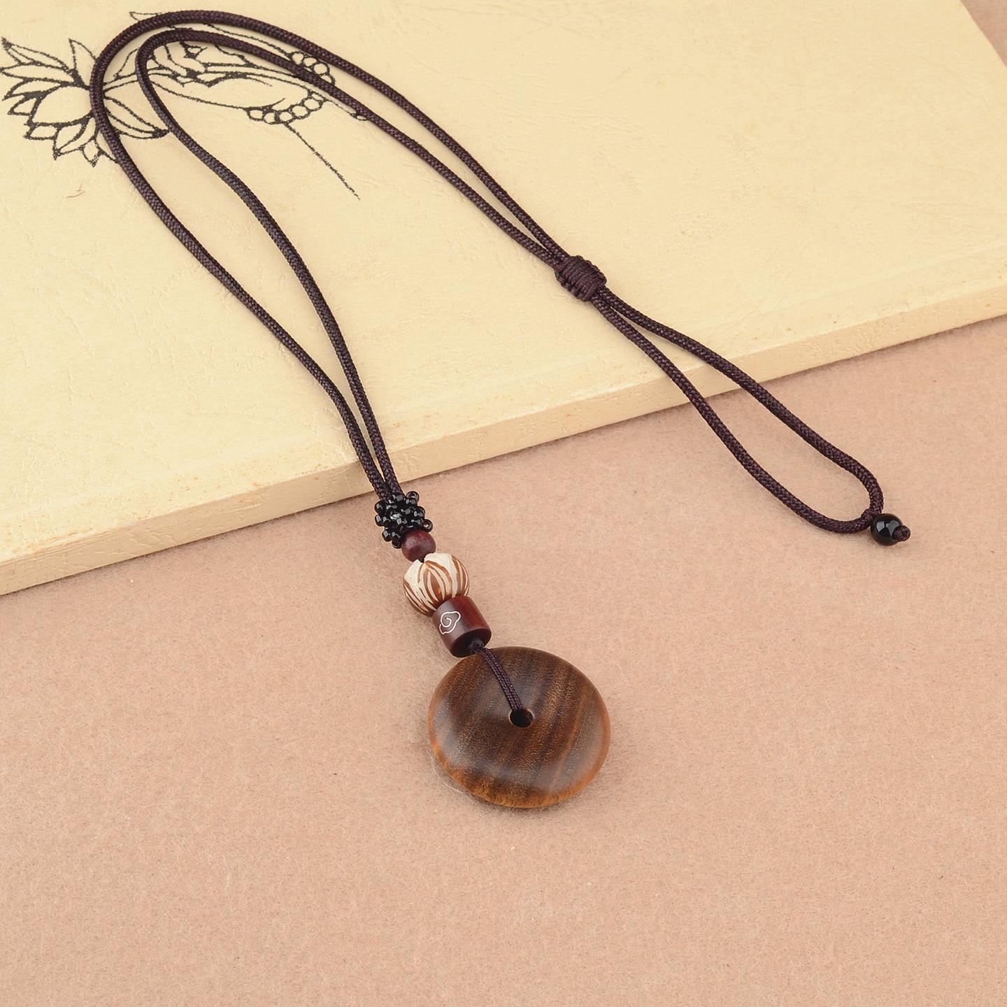 Chinese Zen Green Sandalwood Pendant Necklace with Ping An Kou Charm
