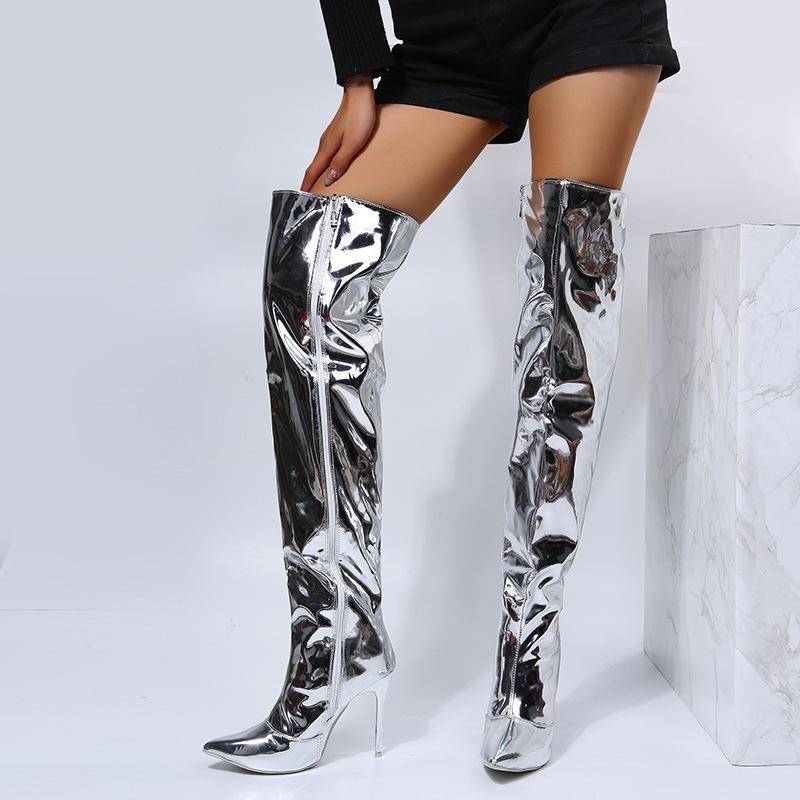 Fashion Comemore Women Boots Mirror Pointy Toe Punk Thin High Heels Over The Knee Long Boots Autumn Winter Zip Silver Casual Party Shoes