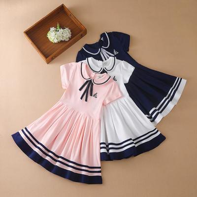 Children Summer Dress 4-12 Years Short Sleeves Turn-Down Collar Preppy Style Kids Clothes Little Girls Cotton Clothing