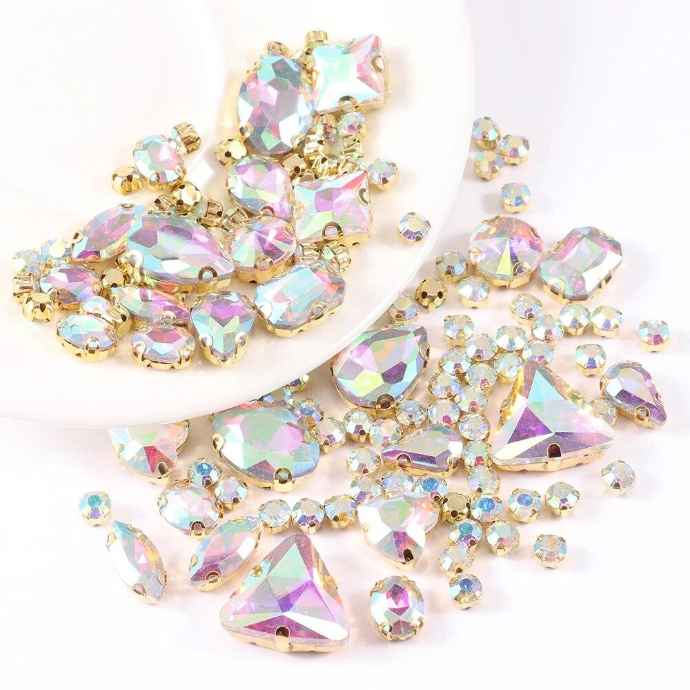 Sew On Rhinestones, Choupee 130PCS Sew On Glass Rhinestone Metal Back Prong Setting Sewing Claw Rhinestone Mixed Shapes