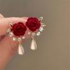 Burgundy Rose & Imitation Pearl Drop Earrings, Vintage Wedding Jewelry for Parties/Prom/Casual, Elegant Gothic Dangle Beauty Accessory