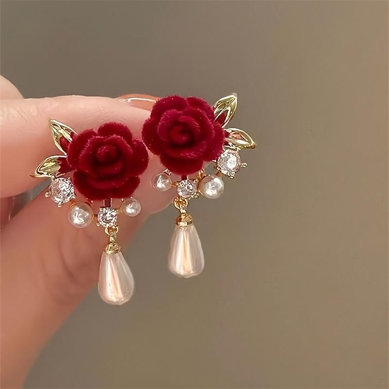 Burgundy Rose & Imitation Pearl Drop Earrings, Vintage Wedding Jewelry for Parties/Prom/Casual, Elegant Gothic Dangle Beauty Accessory