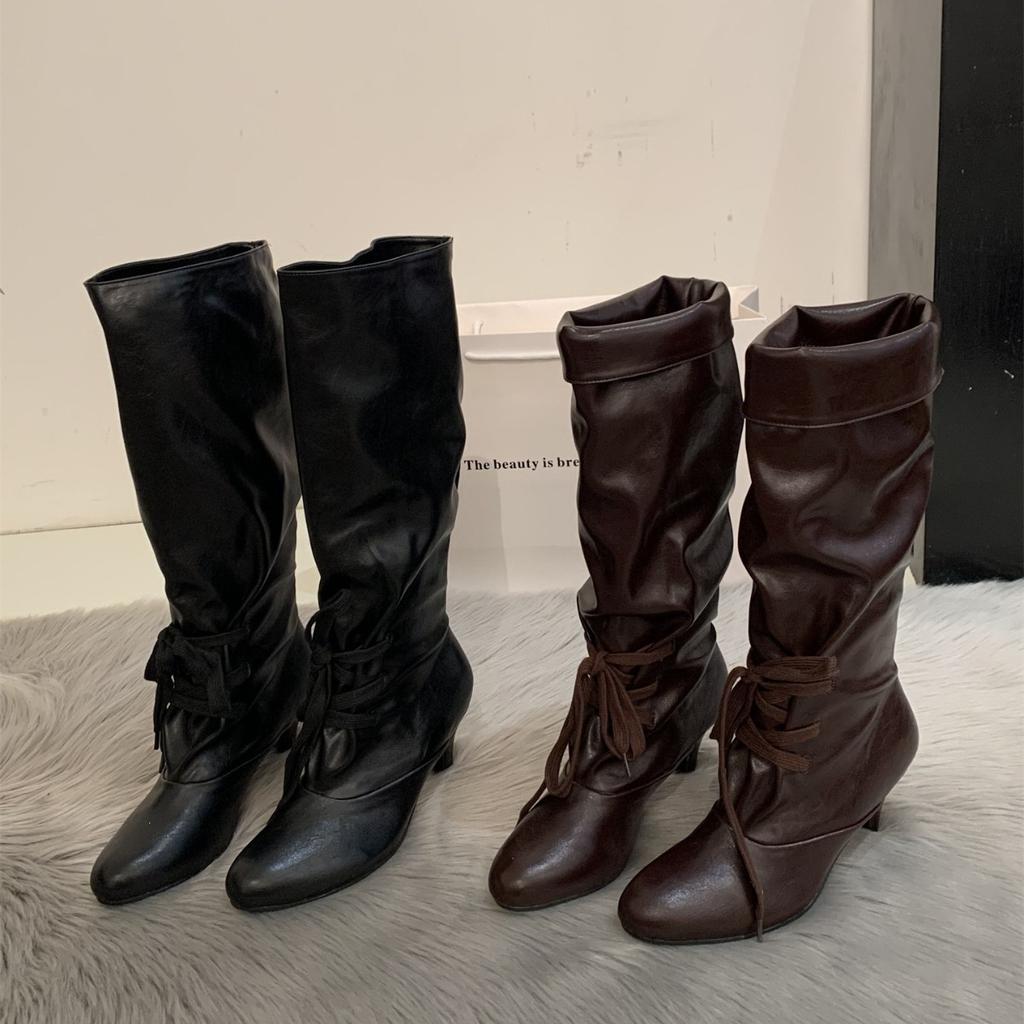 Autumn and winter new pointed thick heel knight boots women's retro lace-up high heel thin boots wide mouth stacking boots
