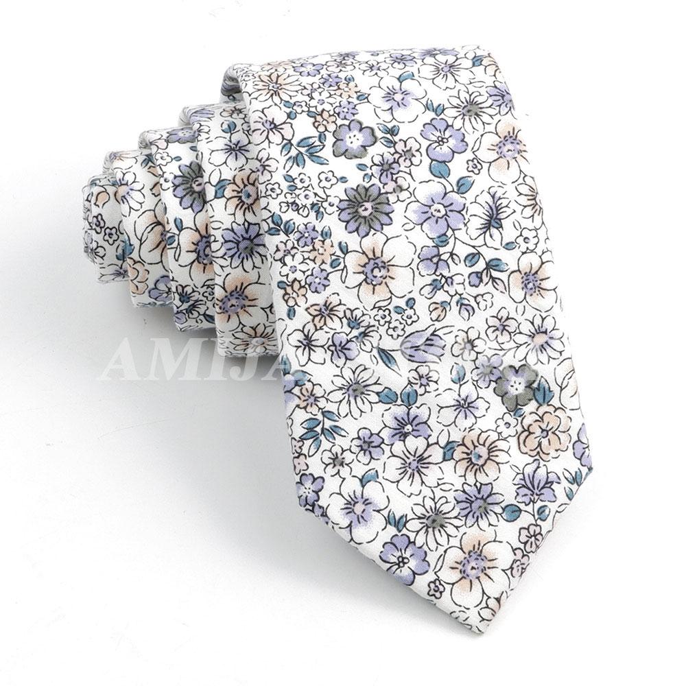 New Cotton Floral Tie For Men Women Soft Gentle Elegant Flower Necktie White Blue Yellow Narrow Skinny Wedding Party Accessories