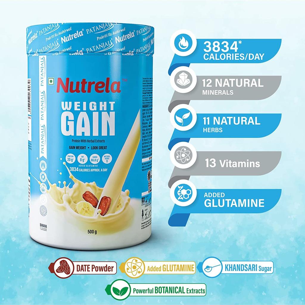 Nutrela Weight Gainer 500 G Banana Flavour High Calorie Mass Gainer Powder With Vitamins Minerals For Men Women Kids