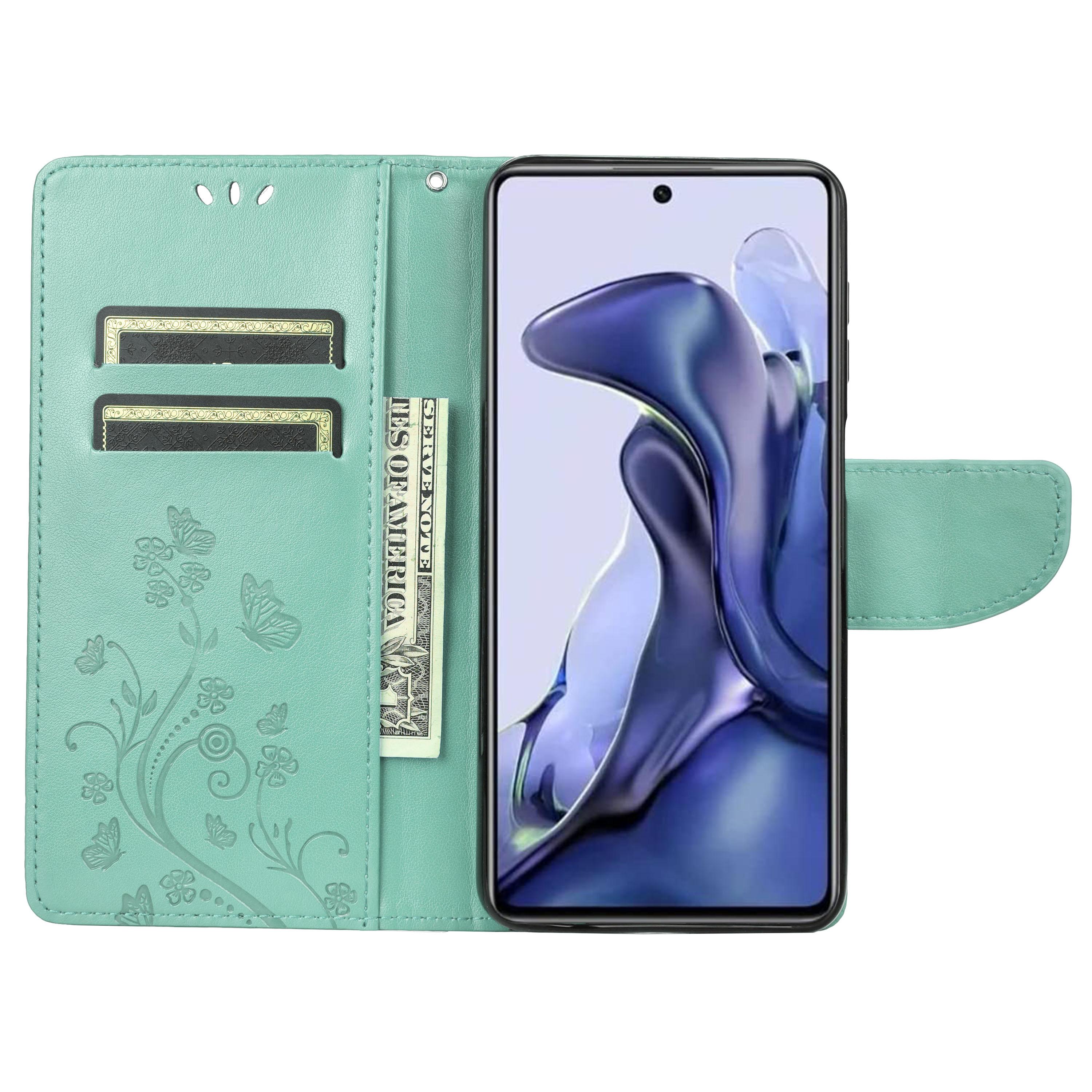 

For Xiaomi Poco X4 Pro 5G Butterfly Flower Imprinting Wallet Flip Case PU Leather Wrist Strap Stand Feature Protective Cover Green