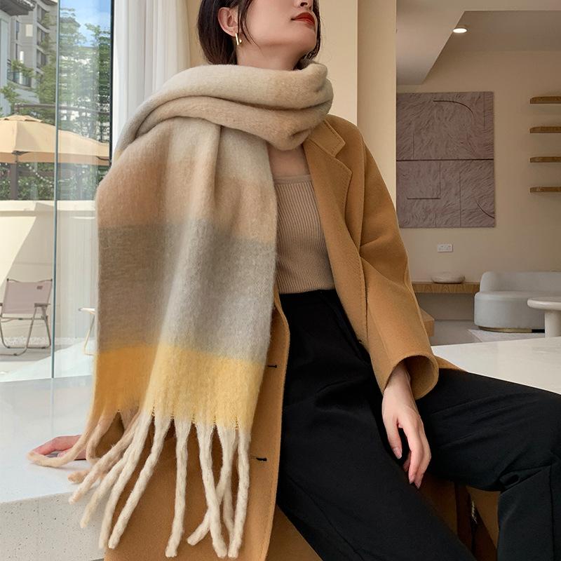 Winter New Scarf Women's Winter Thickened Warm Scarf Colored Plaid Fringed Scarf Shawl Fashionable Outer Cover