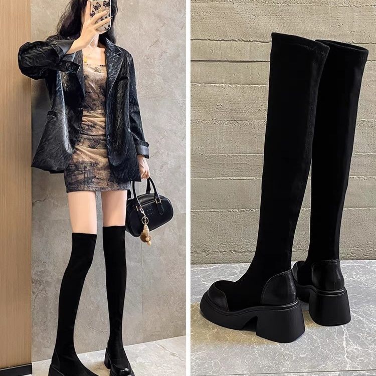Boots Women's Over-the-Knee 2025 Autumn and Winter New Thick-soled Small Skinny Elastic Suede High Heel Maillard Boots