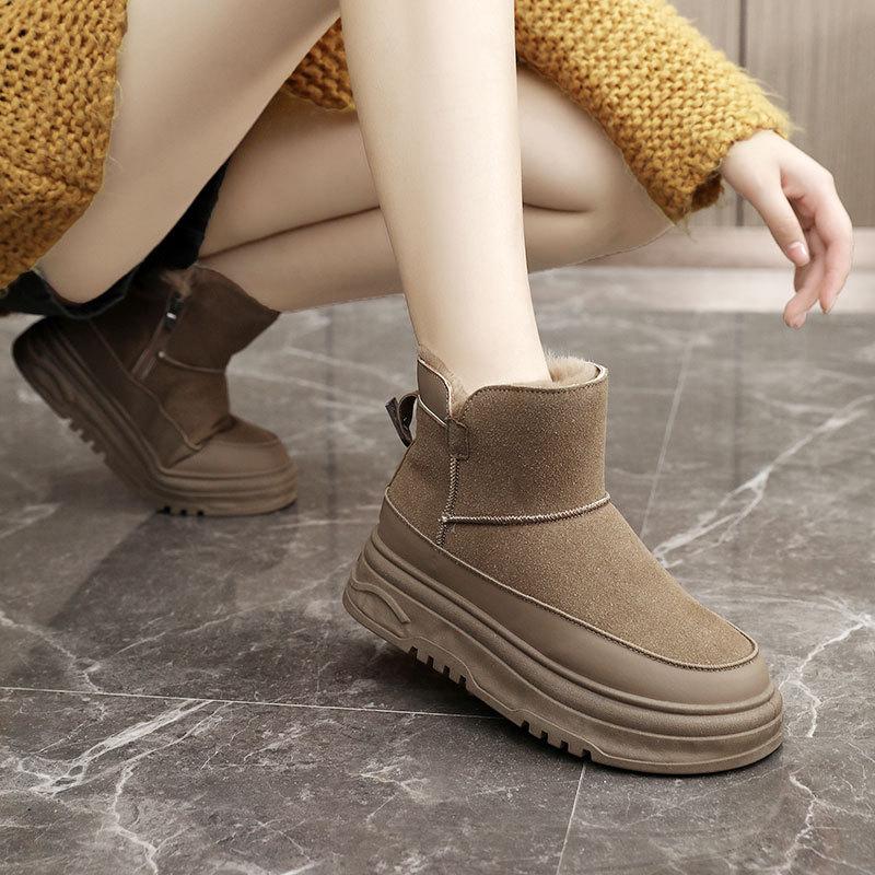 Autumn and Winter High Top Shoes for Women, Solid Color Snow Cotton Shoes, Sports and Leisure with Plush Cotton Thick Soled Shoes