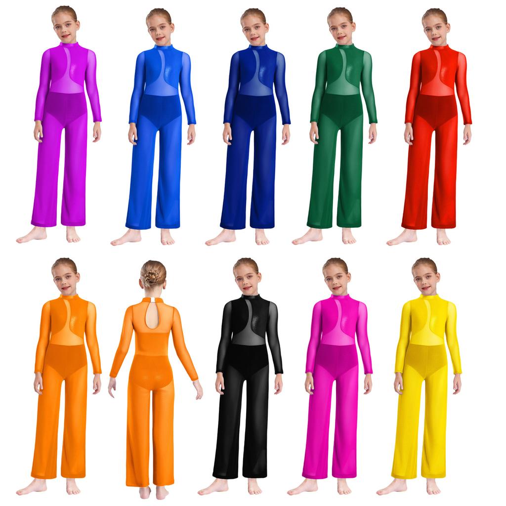 Girls Gymnastics Performance Costume Sheer Mesh Patchwork Wide Leg Metallic Long Sleeve Jumpsuit