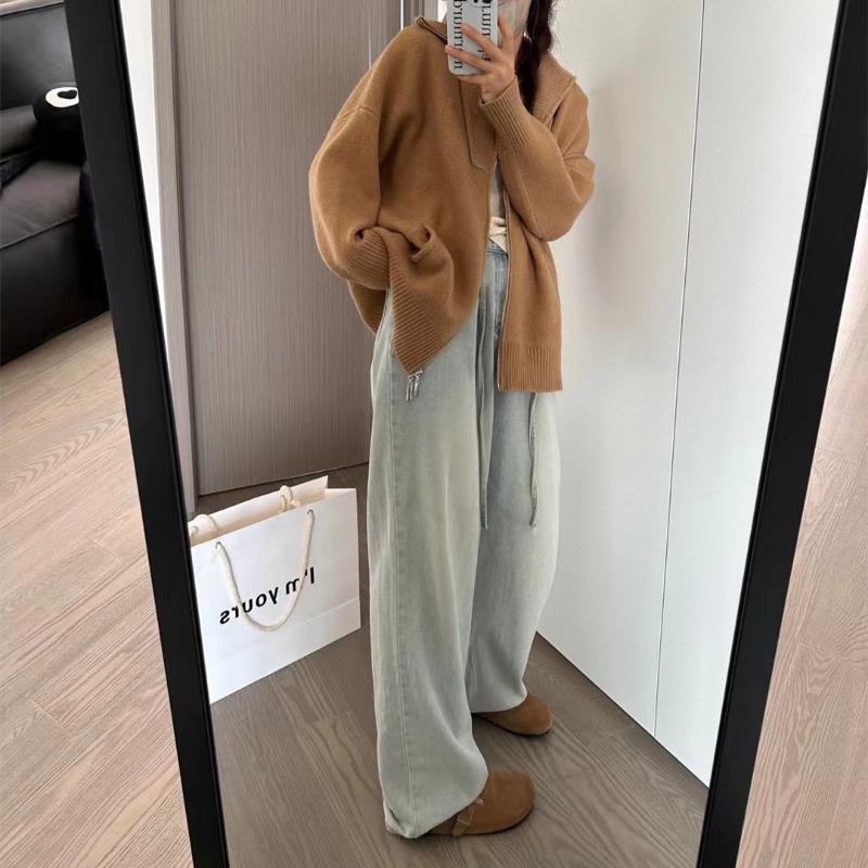 Double Zipper Lapel Thick Fashion Lazy Sweater Autumn and Winter New Loose Plus Size Knitwear Women