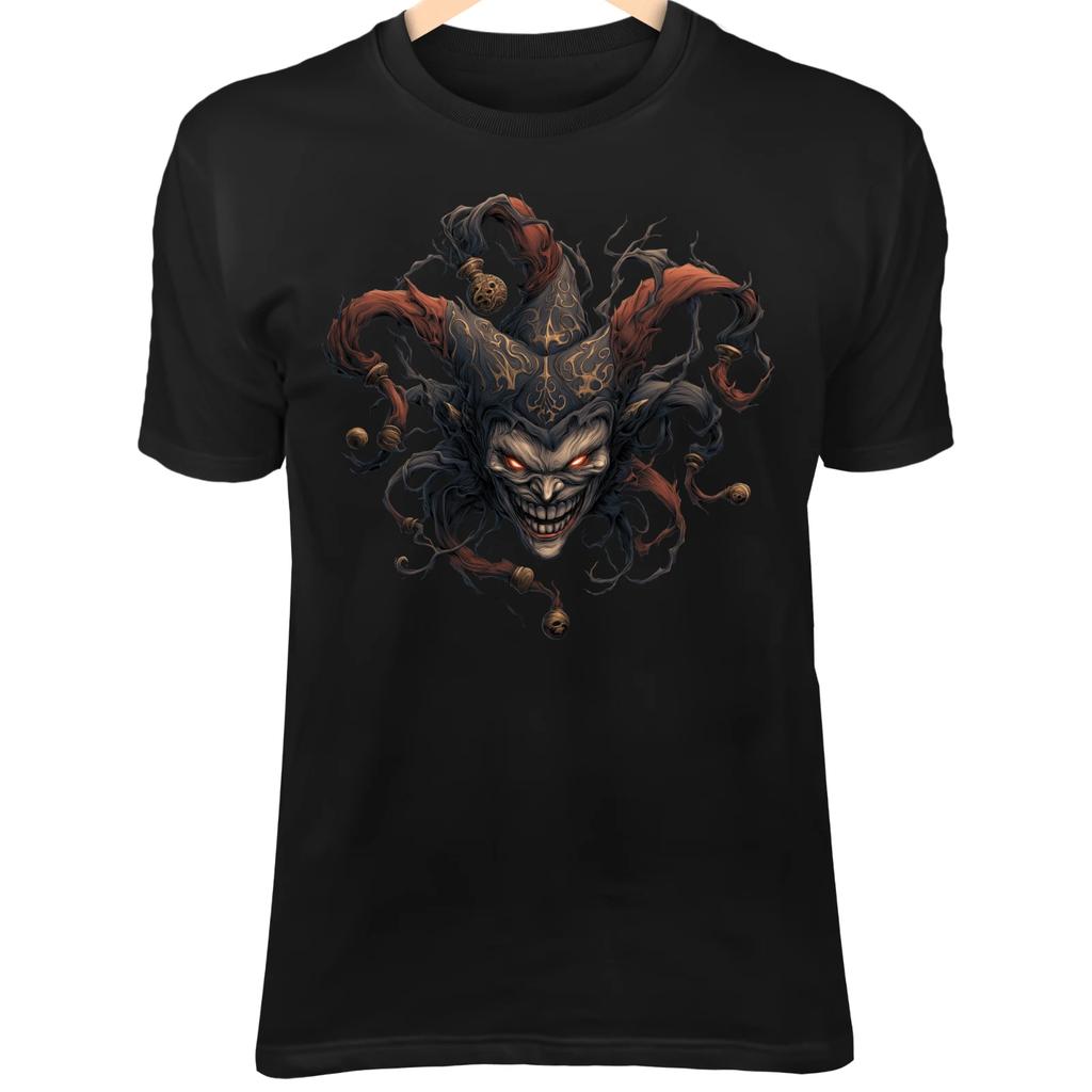 Demonic Jester Skull II T-Shirt – Burning Eyes, Melted Horn Bells, Chaos Style