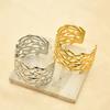 Stainless Steel C-Shape Open Bangle With Hollow Leaf Womens Bold Statement Bracelet