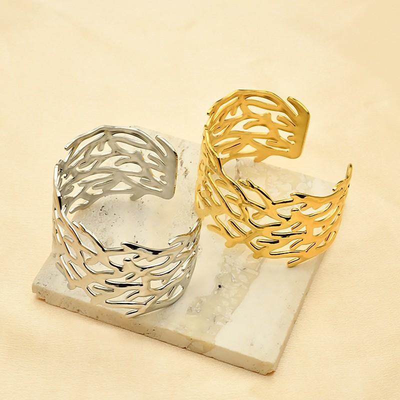 Stainless Steel C-Shape Open Bangle With Hollow Leaf Womens Bold Statement Bracelet