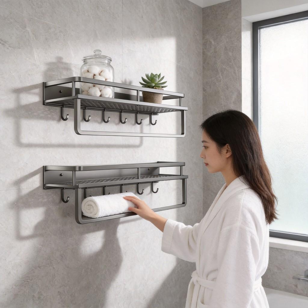 Bathroom Wall Mount Aluminum Storage Shelf With Removable Design For Toilet And Vanity Use