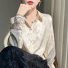 Women Embroidered Satin Shirt Turn Down Collar Long Sleeve Floral Jacquard Casual Blouse