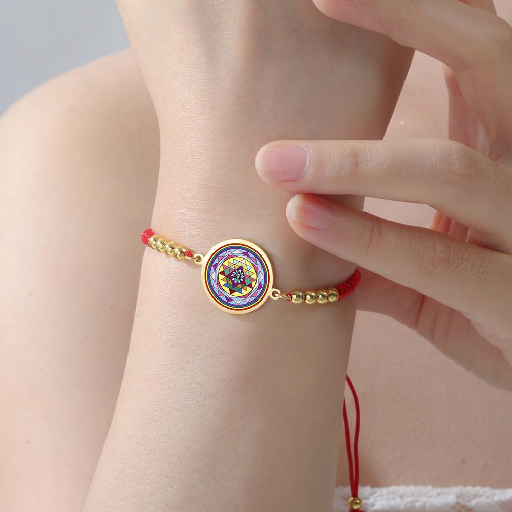Dawapara Sri Yantra Bracelet Adjustable Braided Rope Sacred Geometry Mandala Chakra Spiritual Jewelry Stainless Steel