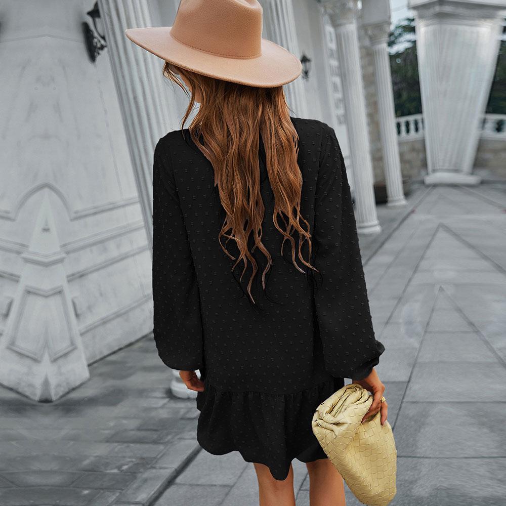 Jaro léto jednobarevné žakárové pro ženy ležérní jednoprsový výstřih do V s plným rukávem dámské šaty ke kolenům