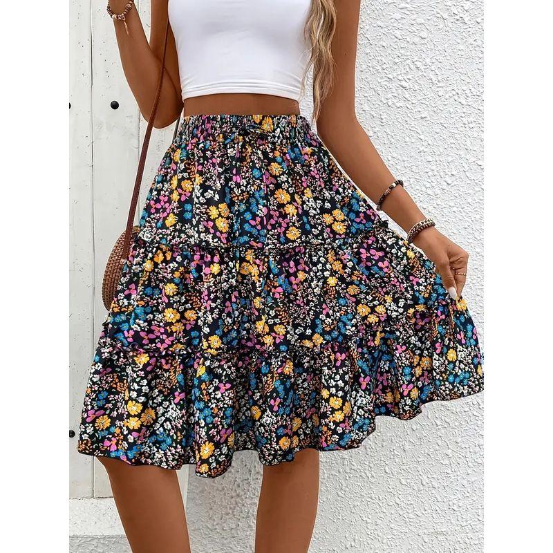 

Bohemia Fashion Fashion Sweet Fresh Floral High Waist Elegant Ruffle Hem Skirt Mid Skirt for Women Black M