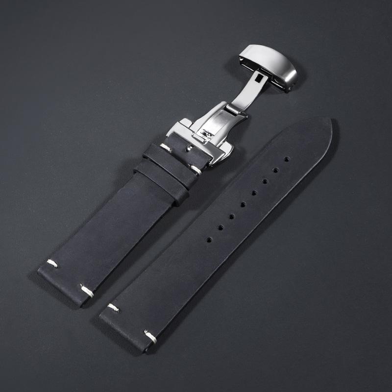 Echtes Kalbsleder Uhrenarmband 18 20 21 22 24mm Armband Ölwachs Steppung Rindsleder Ersatzarmband Butterfly-Schließe Band