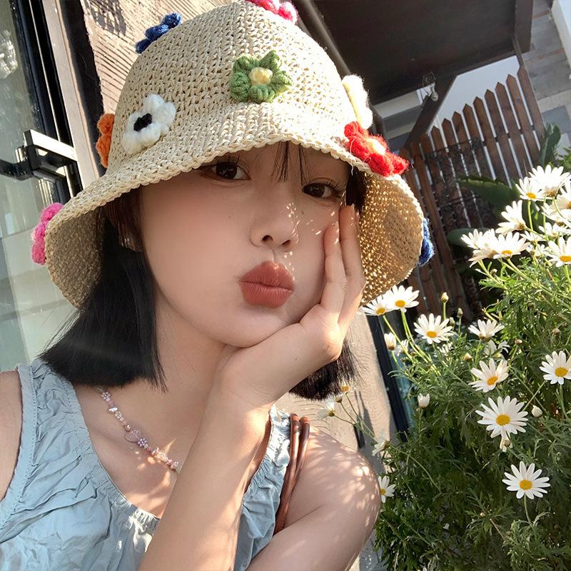 Pearl straw hat summer travel sunscreen sunshade bucket hat new straw seaside vacation net red hat