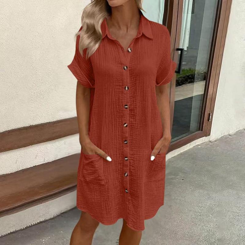 Casual Solid Color Single-breasted Mid-length Short Sleeve Loose Casual Dress Women's Wear