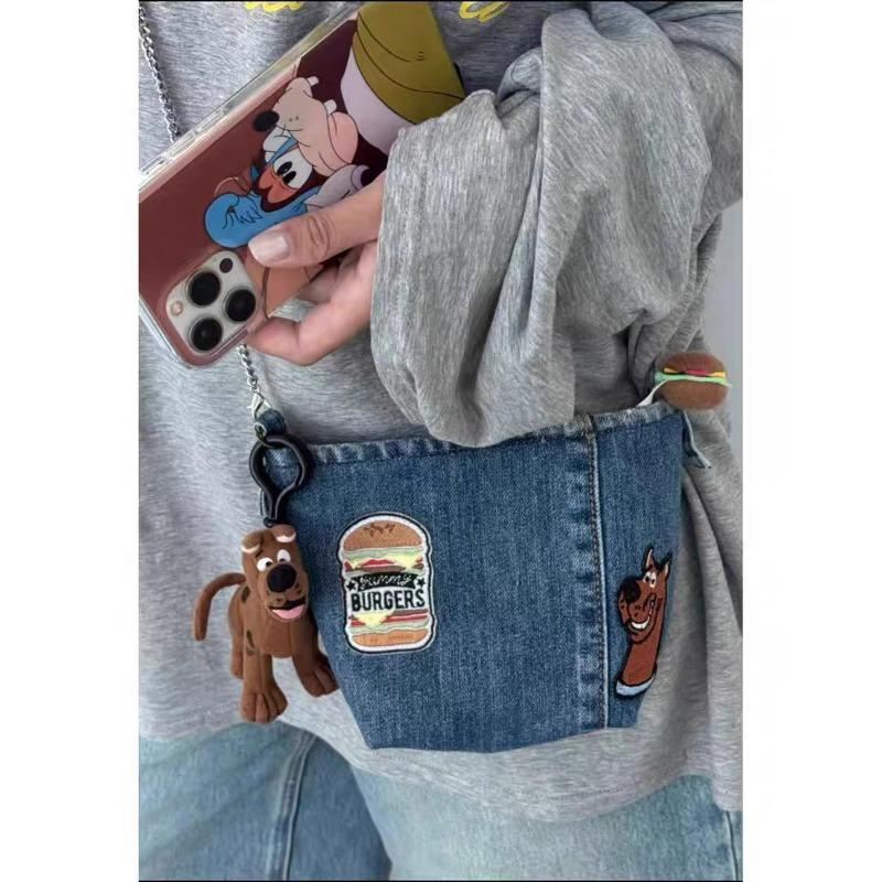 

Versatile fashion small square bag bucket bag retro animation washed denim commuter bag chain messenger bag female джинсовый синий