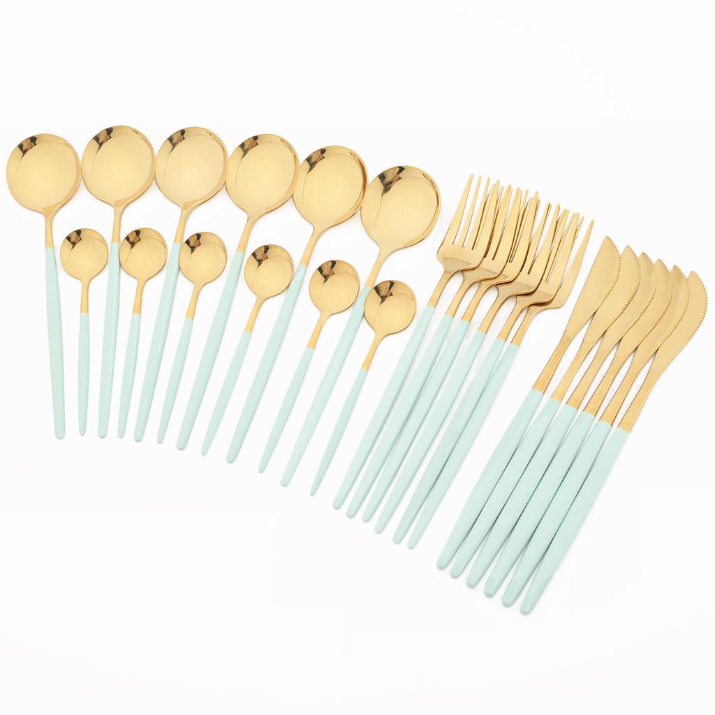 24ks Mix Color Sada nádobí Luxusní Sada příborů z nerezové oceli Nůž Vidlička Čajové lžičky Nádobí Party Western Kuchyňské příbory