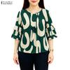Women Casual Round Neck 3/4 Sleeve Loose Print Blouse