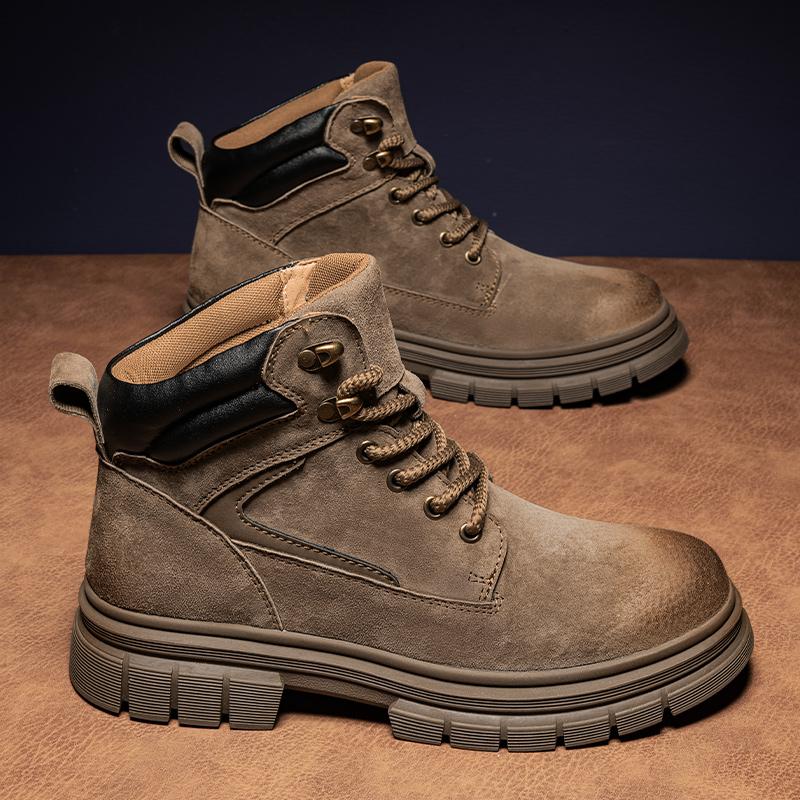 Leisure Walk High Top Shoes Suede Leather Ankle Boots Non-Slip Lace-Up Mens Motorcycle Boots Classic Wear-Resistant Hiking Botas