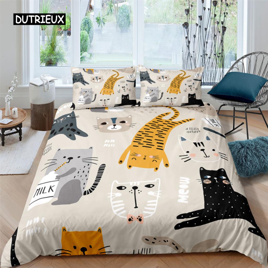Home Textile Cartoons Cute Cat Quilt Cover Duvet Cover Pillow Case Boy Girl 2/3Pcs Polyester Bedding Set King Queen Twin Size