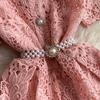 Elegant Pearl Chain Diamon Luxury Embroidery Lace Prom Evening Dresses Women Summer Short Sleeve Hollow Out Midi Long Dress