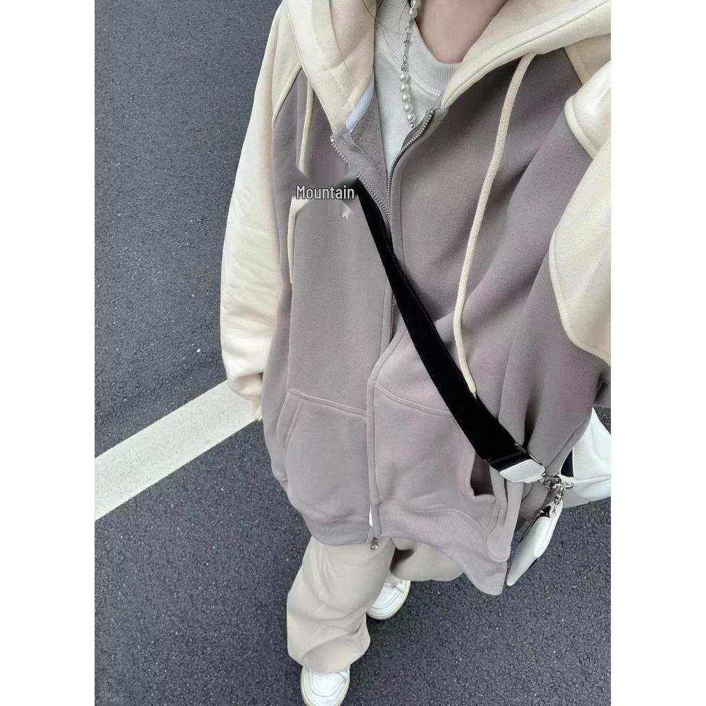 Women's Oversized Retro Color Block Patchwork Hooded Sweatshirt Jacket for Autumn