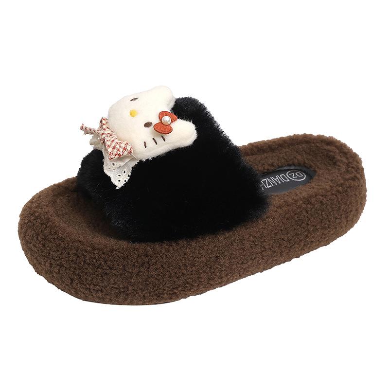 Fleece Warm Fluffy Slippers One-word Drag Internet Celebrity Fashion Cartoon Hello Kitty Cotton Slippers Women's 2025 Autumn and Winter New