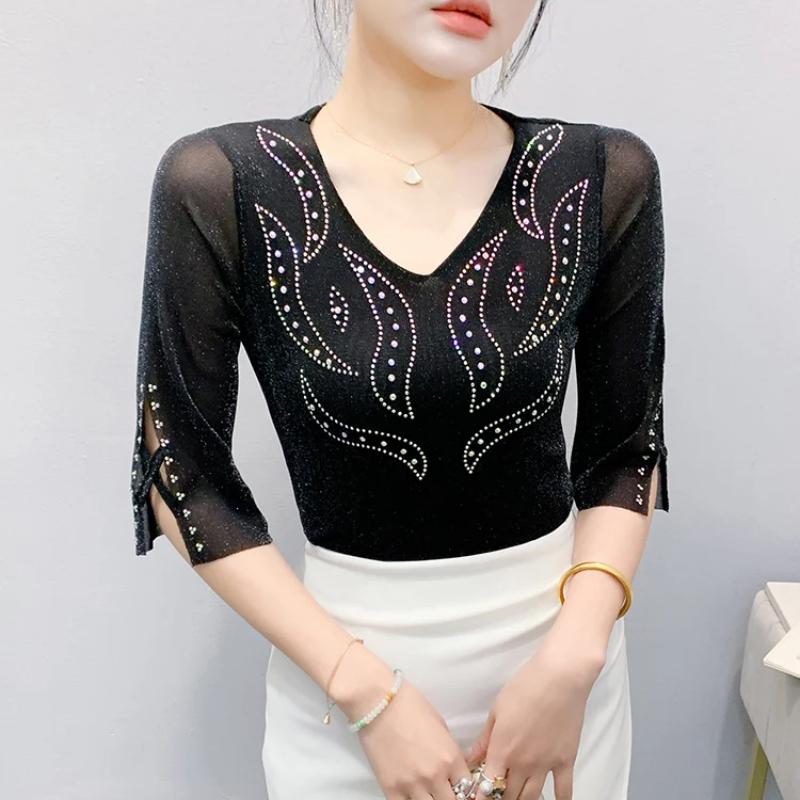 New Women's Clothes T-shirt Sexy V-Neck Hot Diamonds Tops Shirts Summer Girl Slim Mesh Half Sleeve Tees Blouse