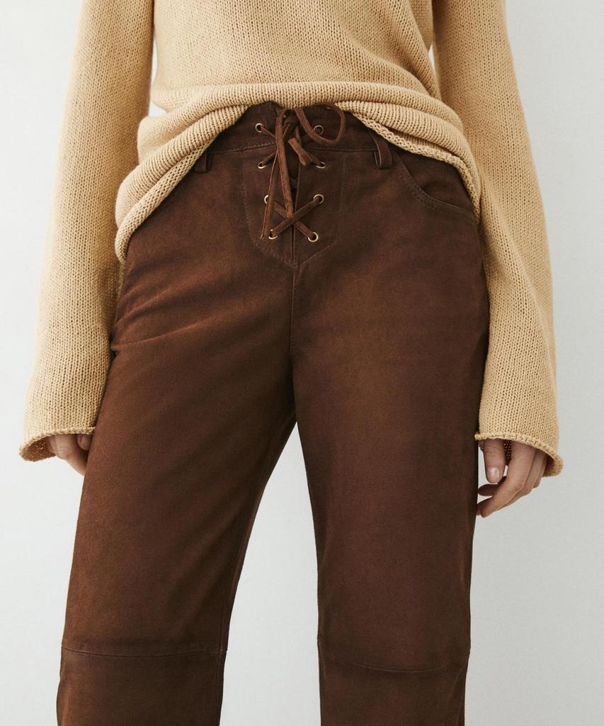 Masimodutti Cropped Suede Leather Pants With Drawstring Detail