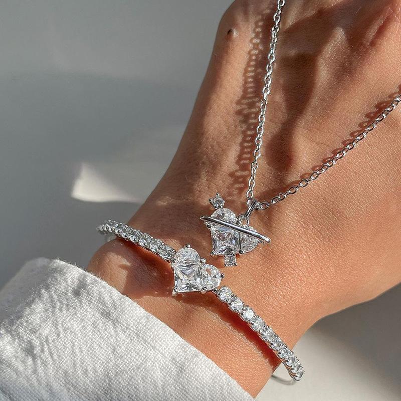 Bling White Zircon Bracelet Necklaces for Women Heart-Shaped Pink Crystal Pendant Necklace Women's Jewelry Set Exquisite Gifts