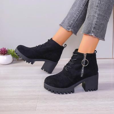 Modische Schnürstiefel mit klobigem Absatz für Damen, Leder-Stiefeletten mit Reißverschluss an der Seite, rutschfest, mit runder Spitze, aus Wildleder, lässige Damenschuhe, Winterwarme Baumwollstiefel