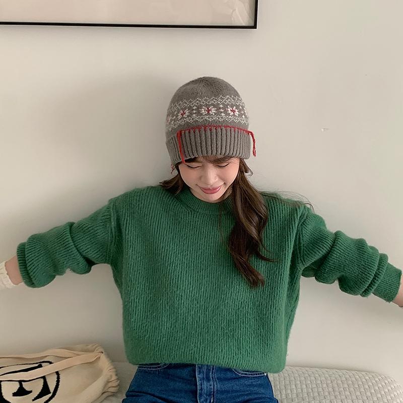 Retro mixed-color crochet wool hat for women, warm in autumn and winter, big head circumference and small knitted ear protection hat