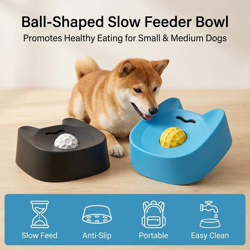 Pet Slow Feeder Bowl Ball Shape Anti-Slip Design For Small Medium Dogs Food Grade Material Easy To Clean