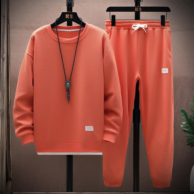 Sommer herre vaffelsett casual t-skjorte og buksesett herre sportsdress 2-pris sett ensfarget treningsdress løse dresser