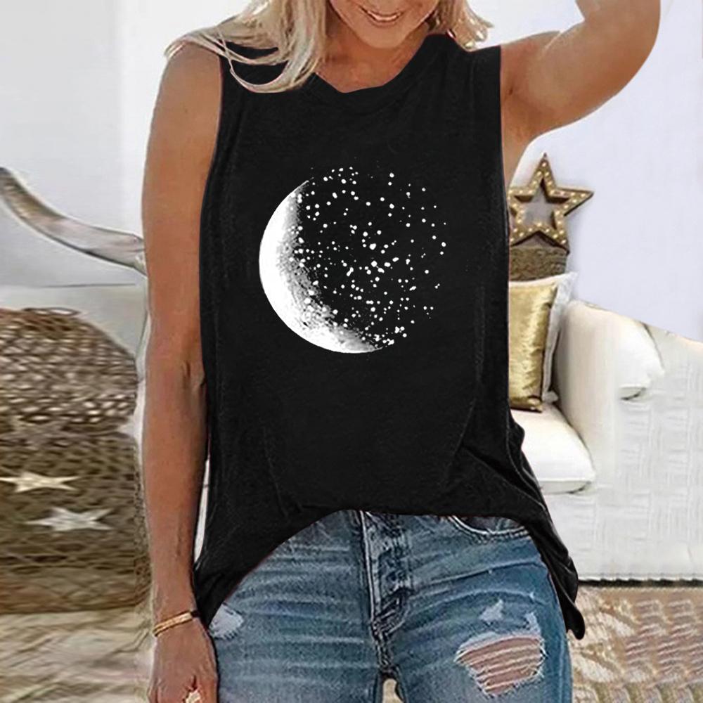 Seeyoushy Moon Print Funny Women T-shirt Sleeveless Vintage Summer Tee Shirt Femme Harajuku Shirt for Women Summer Tops Clothes XL