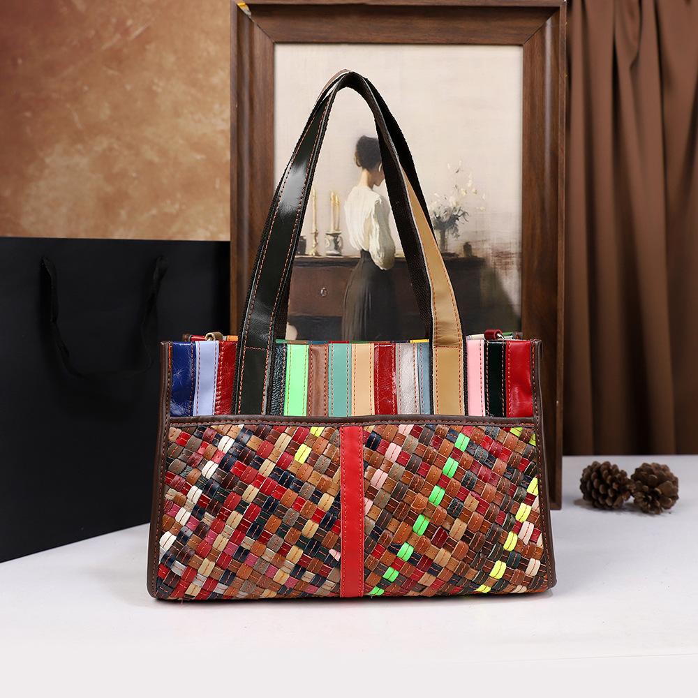 

Retro Handbag Leather Splicing Color Woven Bag Casual Large Capacity Lady Mother Bag