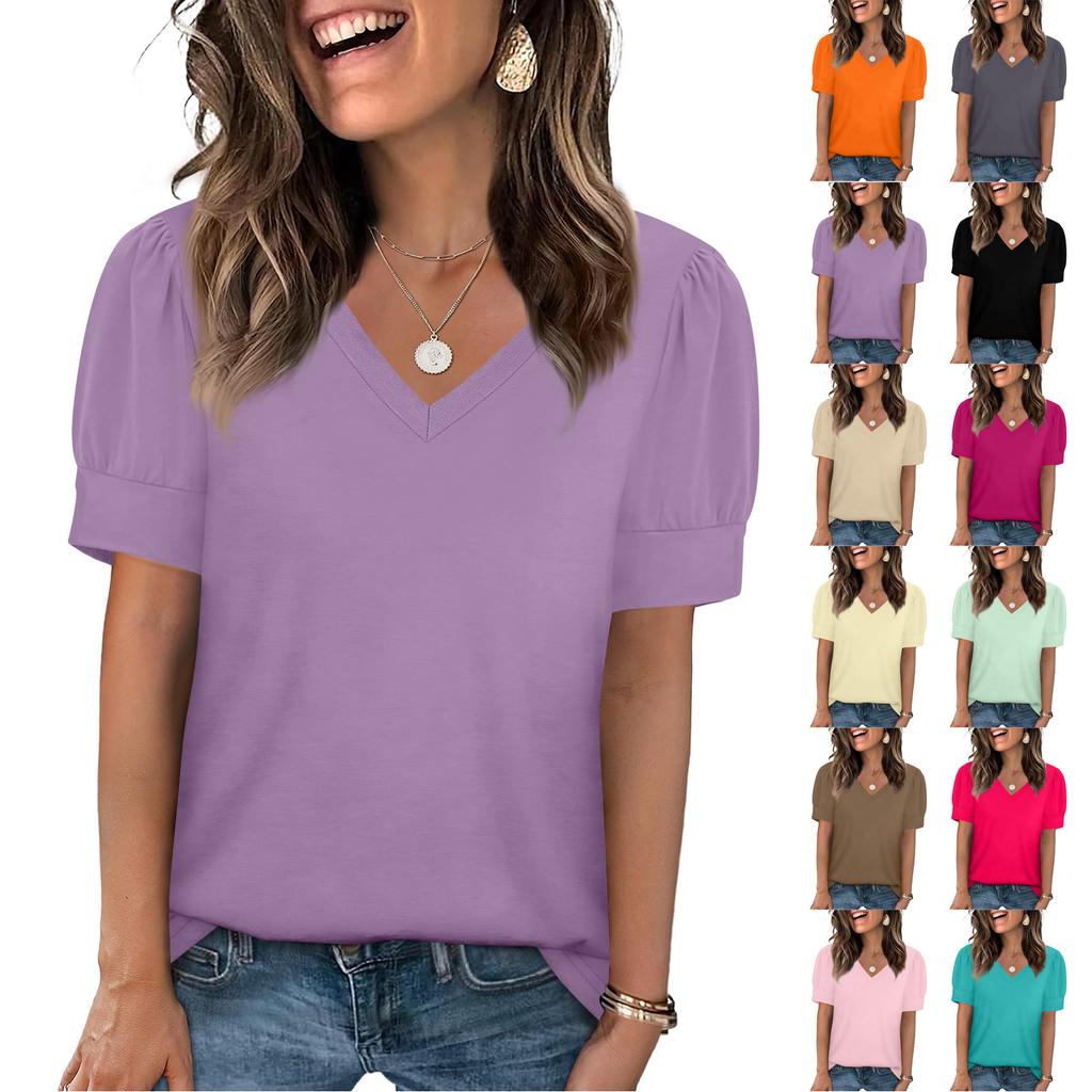 Women's Fashion Casual V- Neck Short Sleeve Color Shirt Women's Up Tops