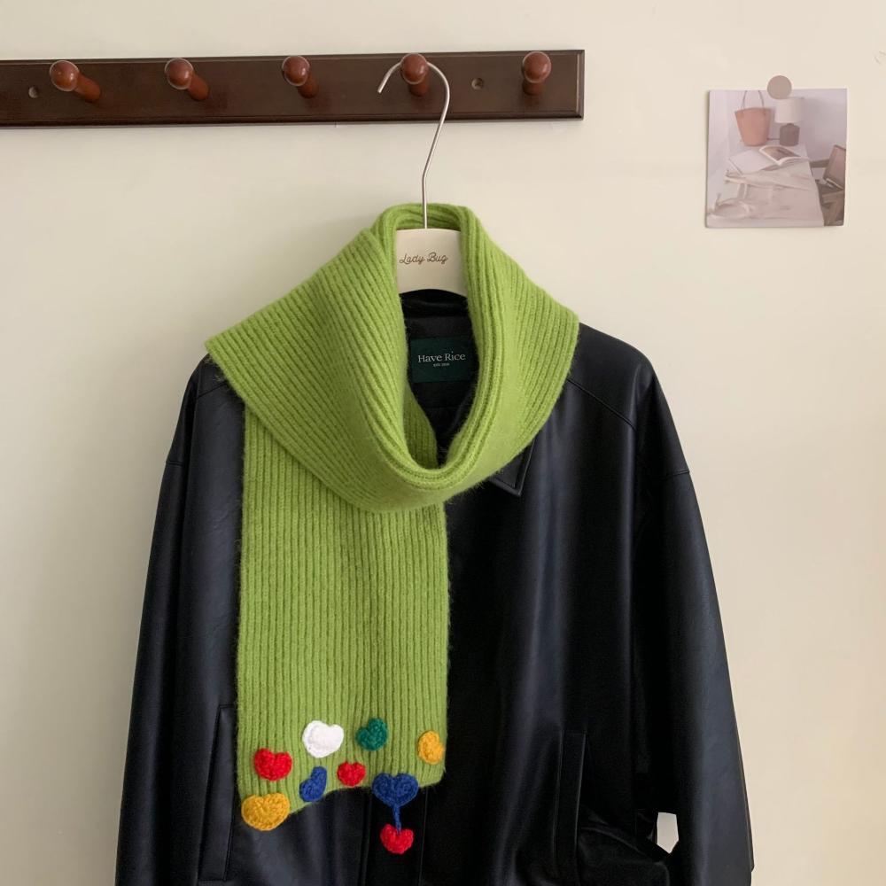 Candy Color Hand Knitted Scarf Women's Sweet Heart Embroidery Scarf Fashion Korean Student Warm Muffler Winter Versatile Shawl