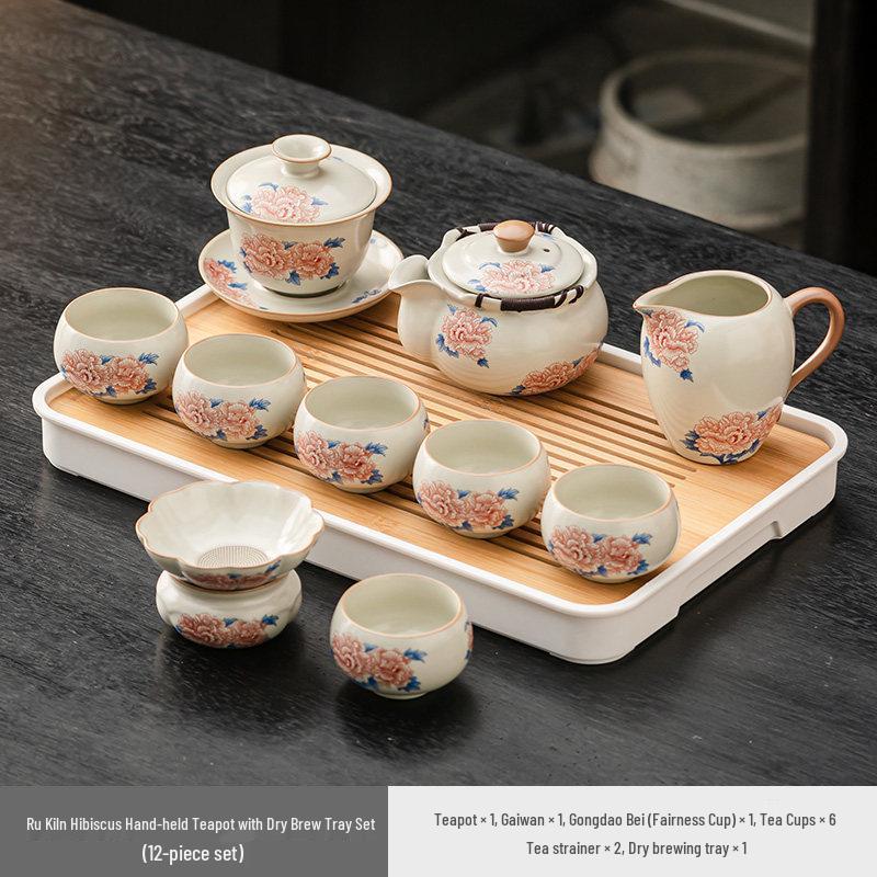 High-grade Beige Ru Kiln Hibiscus Ceramic Tea Set – Includes Teapot, Teacups, and Teaplate for Kung Fu Tea Ceremony, Suitable for Home and Office.