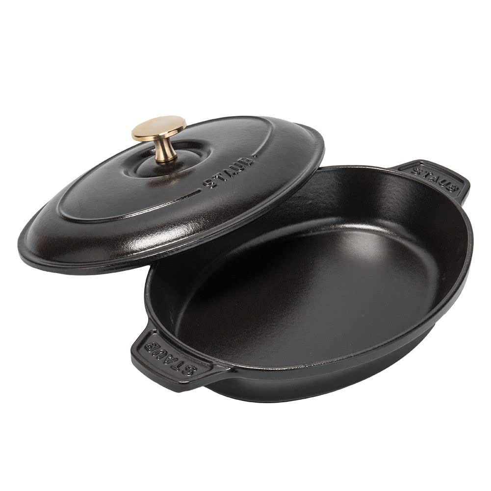Staub Oval Hot with Induction Oven Plate, 23cm, Handle, Enamel, Shallow, Compatible, Safe, Black, 1332325/40509-582-0 [Used]