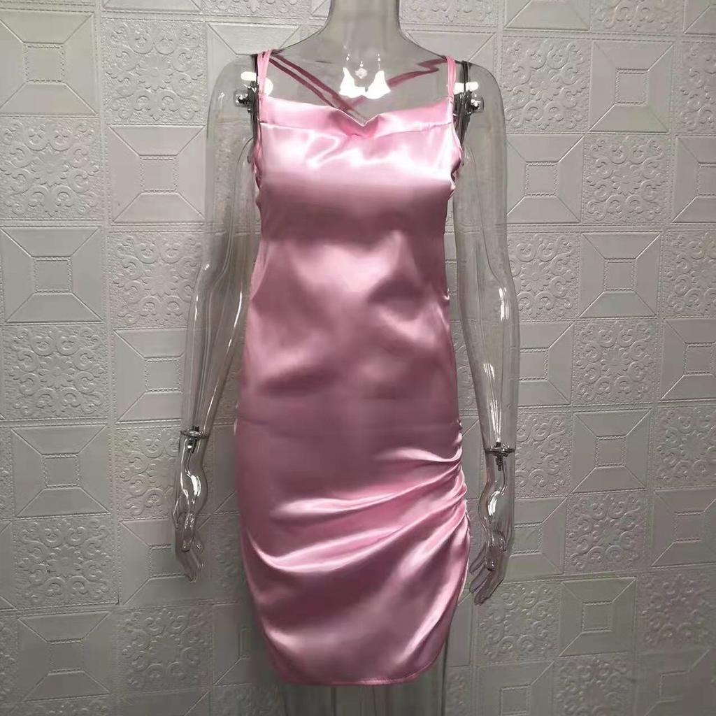 Sexy Dress .Spice Girl Party Style Twist Split Satin Sling V-Neck Evening Dress Women's Strap Open Back Split Mid length