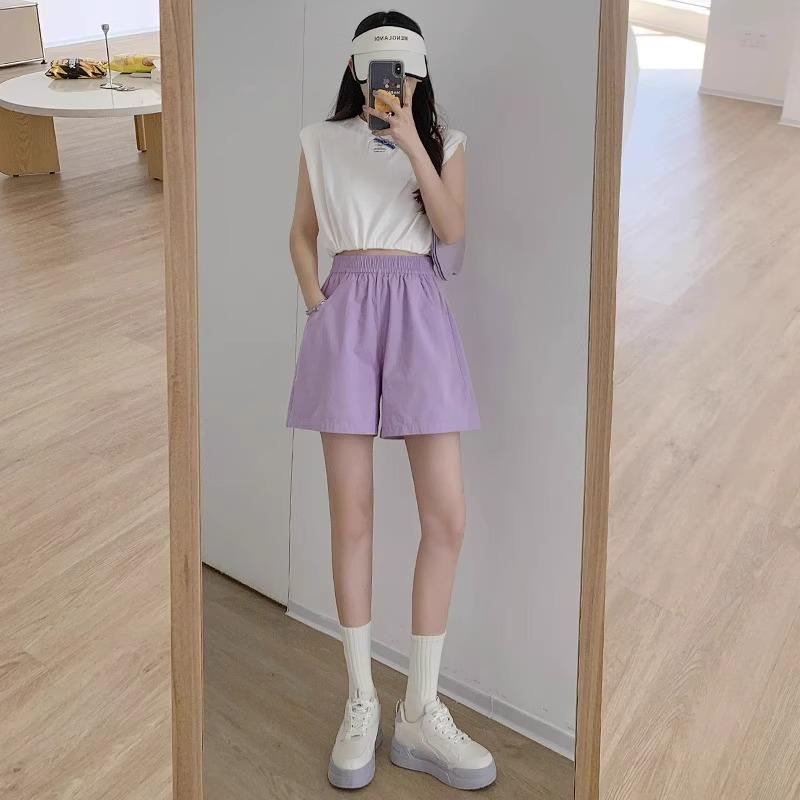 

Шорты А-силуэта из хлопка и льна с высокой посадкой - Маленький размер, Повседневные, Стройнящие, Широкие штанины, Летняя одежда для женщин XL (116-125 jin) фиолетовый