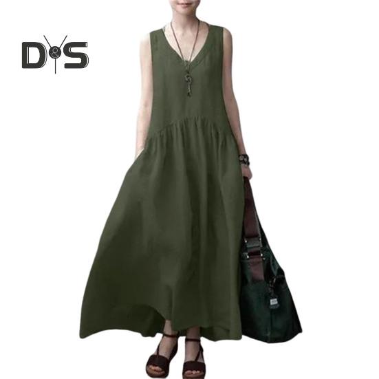 

Женское летнее хлопковое льняное платье макси, повседневное платье-майка без рукавов с V-образным вырезом, струящийся пляжный плиссированный сарафан 3XL армия зеленый